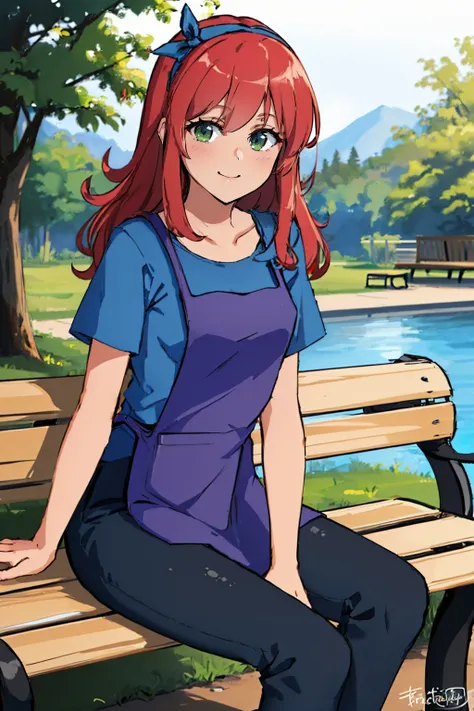 (masterpiece, best quality:1.2), solo, 1girl, trstylist, smile, looking at viewer, sitting, bench, apron, pants <lora:terraria_stylist:1.0>