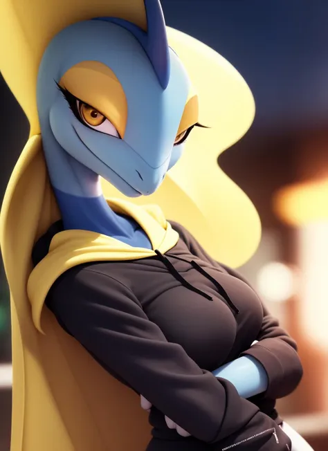 inteleon, furry female, anthro, lizard girl, portrait, close-up,  (hoodie:1.2),  solo, (best quality), (detailed urban background:1.2), dramatic lighting, (detailed skin:1.1), looking at viewer,  medium breasts,  <lora:inteleon-v1:1>