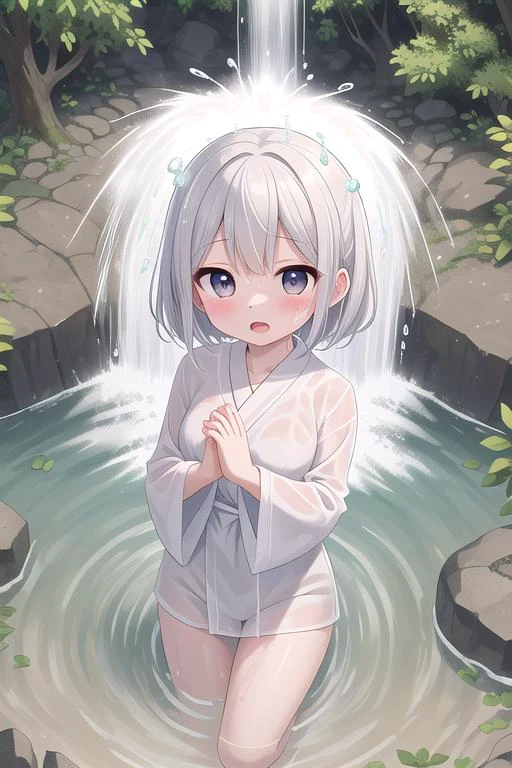 masterpiece, best quality,girl,ultra detail,blush,petite,girl in waterfall,close up,from above,looking up viewer, take shower, white kimono, pray, tears,wavy mouth,open mouth,feel cold,wet,see-through, <lora:takigyou-001_0.7:0.7>,join hands,pour water over head,