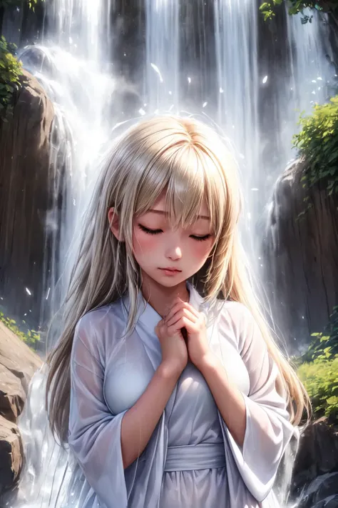Beautiful Lighting, (1girl:blonde hair, absurdly long hair), (real skin), <lora:l - L| :1>, <lora:y:1>, (outdoors:1.3), Realistic, dynamic angle, (AS-YoungV2:1.3),  <lora:l-a |tT:0.6>,
 <lora:takigyou-001_0.7:0.8>, girl in waterfall, take shower, white kimono, (pray:1.1), (close eyes:1.2),