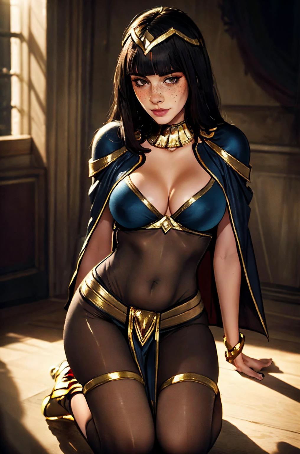 (masterpiece, best quality, high resolution:1.4), (seductive pose:1.2), (dynamic angle:1.3), fantasy background, casual photography, HDR, natural light, (anti-aliasing:1.2), elegant, soft scattered light, realistic proportions, limited palette, backlit, accent lighting, (neutral colors:1.3), cross process, cinematic lighting, coherent light, coherent shadows, depth of field, lifelike texture, detailed face, detailed eyes, detailed skin, extremely detailed, intricate details, (0001SRGoodPictureV3),
A cowboy shot photo of beautiful (brunette woman|cosplay egirl) on her knees, long hair, tattoo, realistic, freckles, cleavage, pale skin, glossy lips, hot, <lora:EkuneStyleLORA:0.7> <lora:TharjaFE:0.8> tharja, gold loincloth, gold-lined bodystocking, gold hairband, gold collar, cape, high heels,