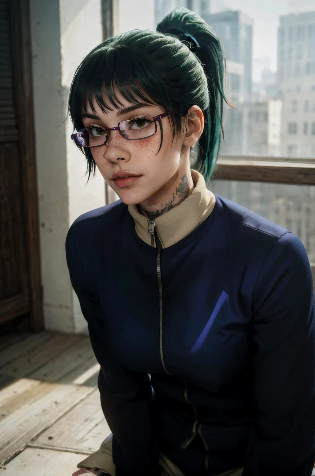 (masterpiece, best quality, high resolution:1.4), (seductive pose:1.2), (dynamic angle:1.3), fantasy background, casual photography, HDR, natural light, (anti-aliasing:1.2), elegant, soft scattered light, realistic proportions, limited palette, backlit, accent lighting, (neutral colors:1.3), cross process, cinematic lighting, coherent light, coherent shadows, depth of field, lifelike texture, detailed face, detailed eyes, detailed skin, extremely detailed, intricate details, (0001SRGoodPictureV3),
zh_mushyee_normalgirl, zh_mushyee_cosplaygirl on her knees, long hair, tattoo, realistic, freckles, cleavage, pale skin, glossy lips, hot, <lora:EkuneStyleLORA:0.5> <lora:zenin_maki:0.8> zenin_maki, ponytail, glasses, bangs, green hair, brown eyes, jujutsu_uniform, purple jacket