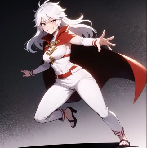beautiful, masterpiece, best quality, extremely detailed face, perfect lighting, 1girl, solo, <lora:EkuneStyleLoRA:1>, full body, dynamic pose, cape, red cape, smile, grin, white hair, very long hair, messy hair, white pants