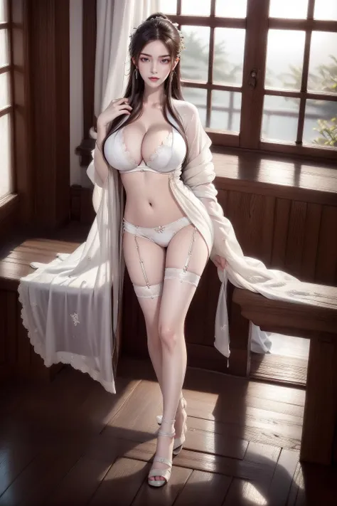 1girl, breasts, jewelry, lace, navel, lace_trim, lace-trimmed_legwear, long_hair, lingerie, solo, white_hair, sitting, earrings, looking_at_viewer, large_breasts, underwear,<lora:MIAOKA_fangqingxue_v1.0:1>