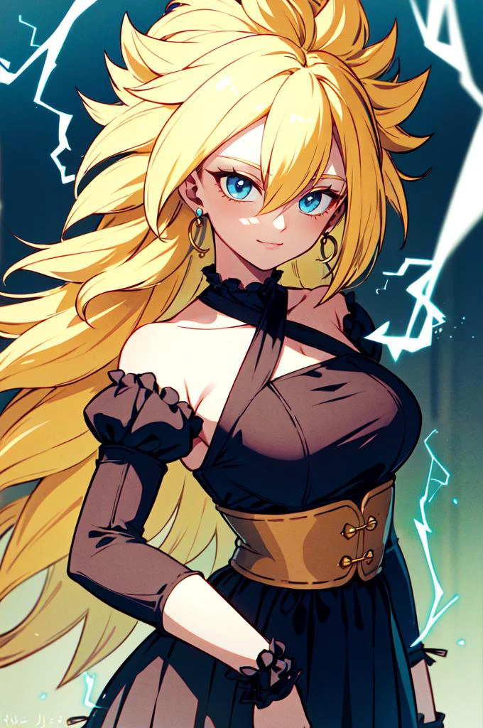 <lora:SuperSaiyanHair:1> SuperSaiyan, blonde hair, super saiyan, spiked hair, aura, electricity, long hair, absurdres, ultra detailed, masterpiece, best quality, aesthetic, detailed,, solo, soft smile, light smile,
katya1, 1girl, blue eyes, very long hair, blonde hair, long blonde hair, french braid, bangs, medium breasts,, hair ribbon, frilled choker, criss-cross halter, sleeveless dress, high-waist skirt, backless dress, waist bow, detached sleeves, frilled sleeves, wide sleeves, pantyhose, patterned legwear, mary janes,