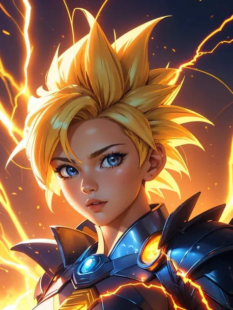 masterpiece, best quality, intricate detail, 1girl, light armor, 
<lora:add_detail:0.2>,  <lora:SuperSaiyanHair:0.5> SuperSaiyan, blonde hair, super saiyan, spiked hair, aura, electricity, short hair,