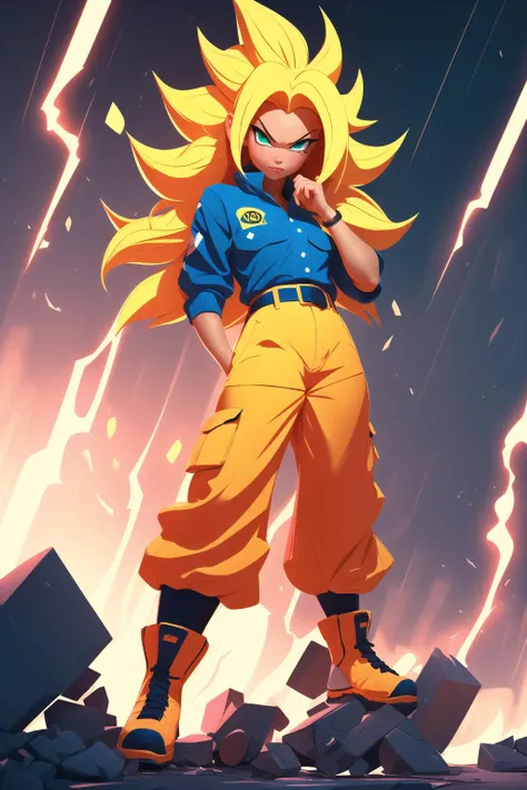 thunderstyle <lora:thunder_model-000008:0.2>masterpiece, best quality, 1girl, realistic, photo,, SuperSaiyan, <lora:SuperSaiyanHair:0.3>, 1girl, (green eyes), Ki Charge, aura, yellow aura, death stare, serious look, (fit), TurtleSchoolUniform, dougi, belt, orange pants, blue footwear, petite, blonde hair, super saiyan, spiked hair, ((long hair)), electricity, (small breast), (glistening skin), shiny skin, sweaty, wind blowing upwards, rubble ground background, broken ground, extremely detailed 8K, smooth, high resolution, ultra quality, highly detail eyes, highly detail mouth, perfect face, perfect eyes, perfect mouth, both eyes are the same, hd, 2k, 4k, 8k, 16k, foreshortening,
<lora:fitgirl_v10:0.3>,
<lora:LightningvfxCreateMore_v1:0.3>,