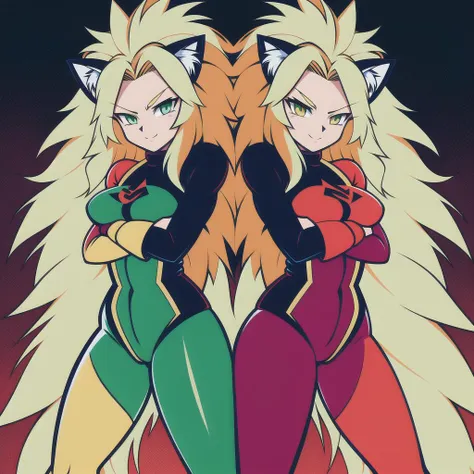 ((Puma Sisters)), cat girls, (((Identical Twins))), very attractive, very tall, Dominion Tank Police, Anna and Uni Puma, smirk, (blonde super long unkept hair), (heavy eyeliner), ((Big wild fluffy long blonde lion mane Hair)), armmo belt, (mismatched Blue and Green eys), (((red bodysuit ))), heavy machine gun, ((back to back)), (in the style of Masamune Shirow), <lora:SuperSaiyanHair:1>