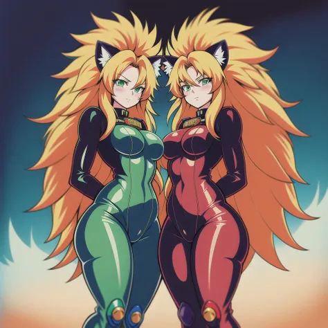 ((Puma Sisters)), cat girls, (((Identical Twins))), very attractive, very tall, Dominion Tank Police, Anna and Uni Puma, smirk, (blonde super long unkept hair), (heavy eyeliner), ((Big wild fluffy long blonde lion mane Hair)), armmo belt, (mismatched Blue and Green eys), (((red bodysuit ))), heavy machine gun, ((back to back)), (in the style of Masamune Shirow), <lora:SuperSaiyanHair:1>