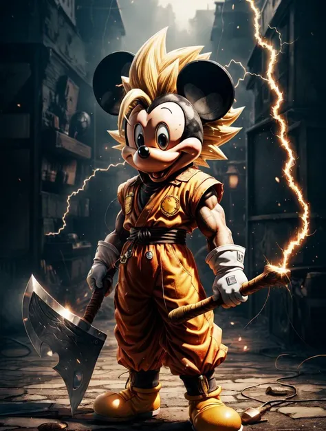 (masterpiece, best quality:1.2), 8k, uhd, hdr, <lora:add_detail:0.3> <lora:add_brightness:0.3><lora:add_sharpness:1> mascot, non human, <lora:SuperSaiyanHair:0.45> SuperSaiyan, blonde hair, super saiyan, spiked hair, aura, electricity, mickey mouse, animal ears, white gloves, holding axe, axe <lora:mickey mouse:0.6>