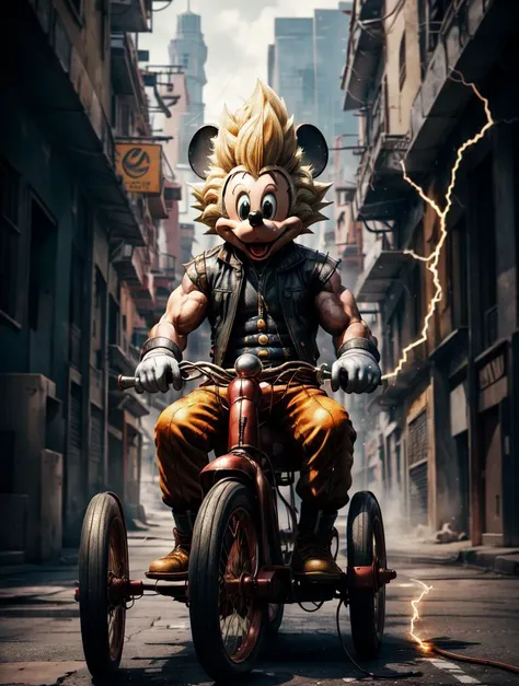 (masterpiece, best quality:1.2), 8k, uhd, hdr, <lora:add_detail:0.3> <lora:add_brightness:0.3><lora:add_sharpness:1> mascot, non human, <lora:SuperSaiyanHair:0.45> SuperSaiyan, blonde hair, super saiyan, spiked hair, aura, electricity, mickey mouse, animal ears, white gloves, riding tricycle, <lora:mickey mouse:0.6> middle finger, <lora:middlefinger:1>