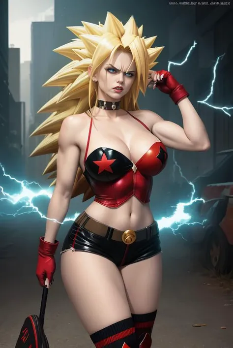 realistic, 8k render, Highly detailed, High Quality, Masterpiece, beautiful, (((SuperSaiyan, <lora:SuperSaiyanHair:0.8>))), 1girl, solo, standing, (((blonde hair, super saiyan, spiked hair, aura, electricity, long hair))), <lora:harley_quinn_(rebirth):.7>, harley quinn (rebirth), slim waist, huge breasts, saggy breasts, breasts popping out, shorts, skindentation, gloves, fingerless gloves, sneakers, shoes, knee pads, short shorts, crotch, cameltoe, cleft of venus, pelvic bones, colored skin, over-kneehighs, pale skin, choker, thighhighs, nail polish, white skin, red nails, asymmetrical legwear, very dark white skin, <lyco:coloredSkin-08:1> angry512