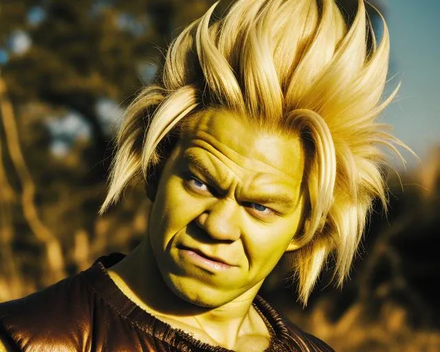 <lora:SuperSaiyanHair:1> portrait of shrex long blonde superSaiyan long hair blonde hair, super saiyan, spiked hair, aura, <lora:ShrekDoguVersion2:1>