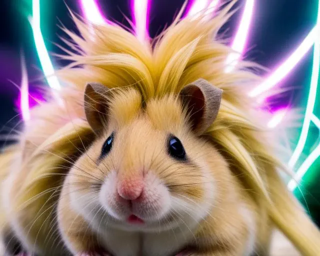 <lora:SuperSaiyanHair:1> a macro close up of a hamster with long blonde superSaiyan long hair blonde hair, super saiyan, spiked hair, aura, electricity