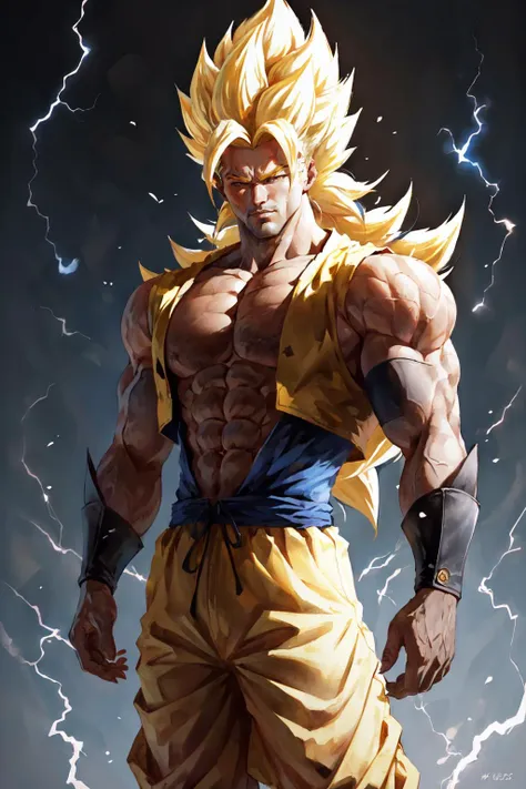 Highly detailed, High Quality, Masterpiece, beautiful, SuperSaiyan, <lora:SuperSaiyanHair:0.5>, 1boy, solo, cowboy shot, blonde hair, super saiyan, spiked hair, aura, electricity, gigachad, <lora:Char_Sigmas_GigaChad:1>, (long hair:1.2)