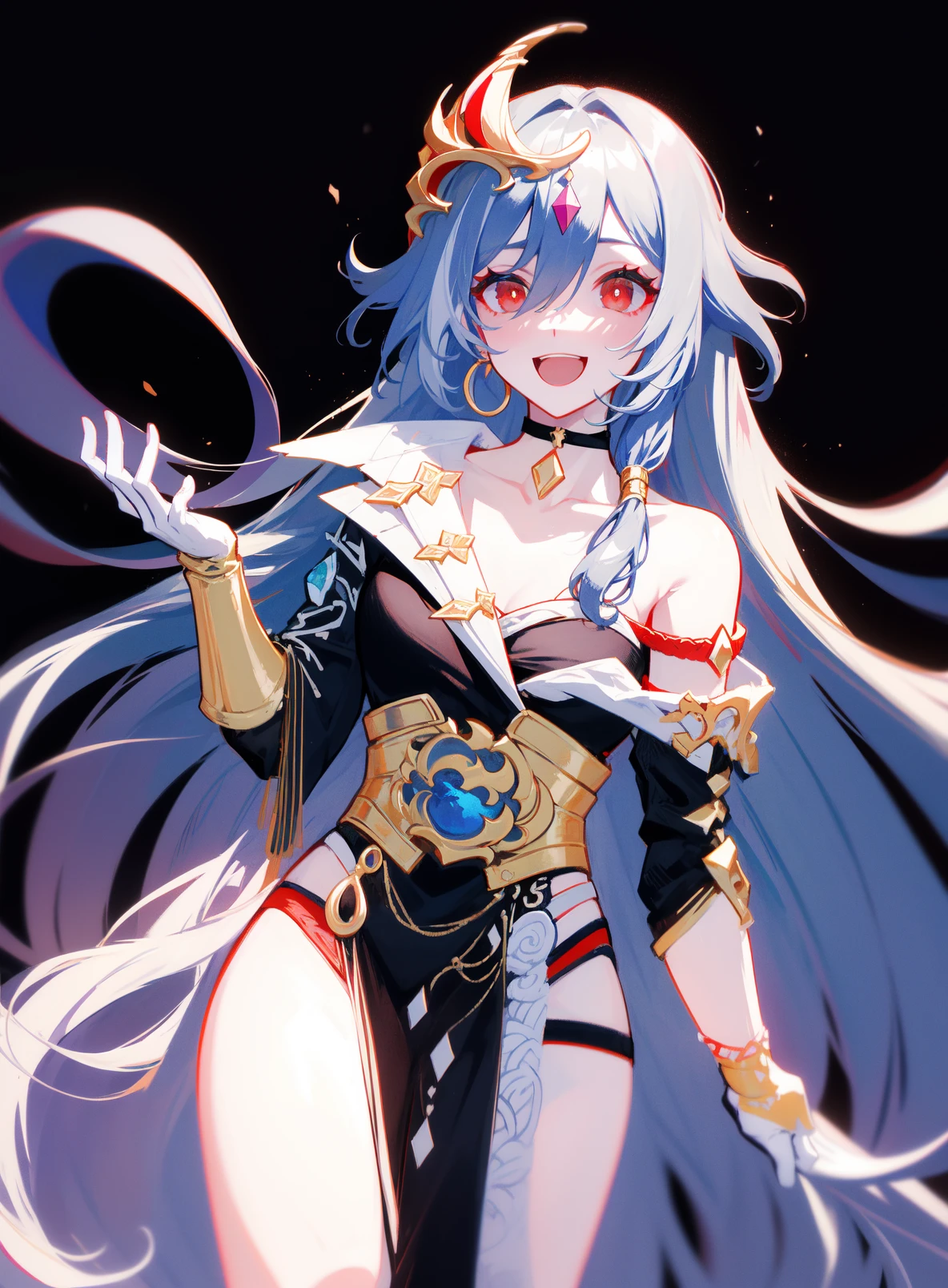 best quality, masterpiece, ultra-detailed, beautiful, highres, original, absurdres, <lora:senti24:0.85>, senti,
1girl, solo, long_hair, looking_at_viewer, bangs, hair_ornament, red_eyes, hair_between_eyes, chinese_clothes, choker, black choker, (white background:1.1), (simple background:1.05), :D, cowboy shot, uneven_sleeves, smile, gloves,