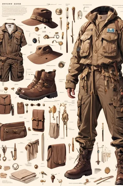 (concept art:1.3), <lora:Clothes_concept:0.81> Safari Explorer: Utility jumpsuit, hiking boots, and wide-brimmed hat. concept illustration art, (masterpiece, best quality, absurdres, detailed, ultra-detailed:1.3), (ornate details:1.3)