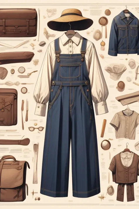 a drawing of Menswear Cottagecore: Overalls, linen shirt, straw hat, concept and accessories, detailed <lora:Clothes_concept:1> <lora:AdvancedEnhancer:0.8> kkw-detailMe-v1.0 ,