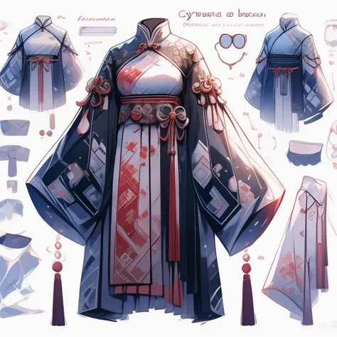 a drawing of a woman's cyberhanfu concept and accessories, detailed <lora:Clothes_concept:1> <lora:cyberhanfu_v1:0.8> , cheongsam, chinese_clothes