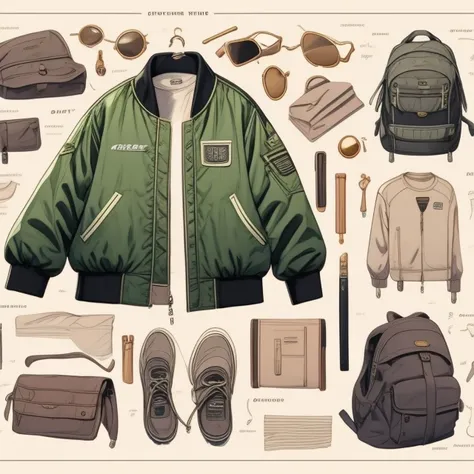 a drawing of Techwear: Bomber jacket, cargo pants, sneakers, backpack, concept and accessories, detailed <lora:Clothes_concept:1>