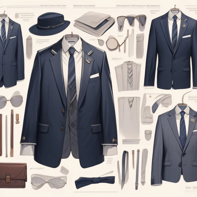 a drawing of a men's suit, american style, with hat, concept and accessories, detailed <lora:Clothes_concept:1> <lora:zegna_code_1700_lora:1> zegna