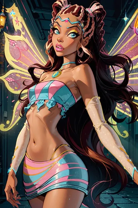 (Aisha/Layla:1.5), fairy wings, (green and pink wings), midriff, blue eyes, brown hair, long hair, sparkling outfit, (pastel pink lips), (realistic:1.2), (masterpiece:1.2), (full-body-shot:1),(Cowboy-shot:1.2), neon lighting, dark romantic lighting, (highly detailed:1.2),(detailed face:1.2), (gradients), colorful, detailed eyes,, (natural lighting:1.2), solo  <lora:WinxClubEnchantixLaylaAisha-10:0.9> <lora:add_detail:0.3> <lora:BeautifulEyes:0.6>