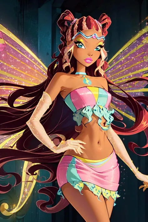 (Aisha/Layla:1.5), fairy wings, (green and pink wings), midriff, blue eyes, brown hair, long hair, sparkling outfit, (pastel pink lips), (realistic:1.2), (masterpiece:1.2), (full-body-shot:1),(Cowboy-shot:1.2), neon lighting, dark romantic lighting, (highly detailed:1.2),(detailed face:1.2), (gradients), colorful, detailed eyes,, (natural lighting:1.2), solo <lora:WinxClubEnchantixLaylaAisha-10:0.9> <lora:add_detail:0.3> <lora:BeautifulEyes:0.6> <lora:WinxComiss_Style-15:0.4>