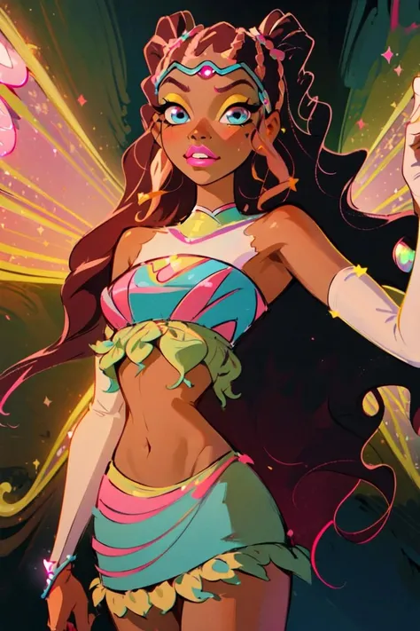 (Aisha/Layla:1.5), fairy wings, (green and pink wings), midriff, blue eyes, brown hair, long hair, sparkling outfit, (pastel pink lips), (realistic:1.2), (masterpiece:1.2), (full-body-shot:1),(Cowboy-shot:1.2), neon lighting, dark romantic lighting, (highly detailed:1.2),(detailed face:1.2), (gradients), colorful, detailed eyes,, (natural lighting:1.2), solo <lora:WinxClubEnchantixLaylaAisha-10:0.9> <lora:add_detail:0.3> <lora:BeautifulEyes:0.6>
