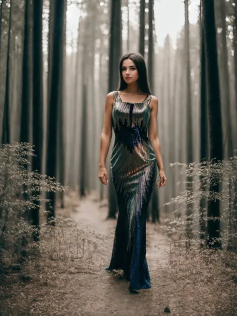 seculareveningdress, 1girl, solo, blue dress, dark forest background, bare shoulders, sleeveless, <lora:SecularEveningDress:0.8>