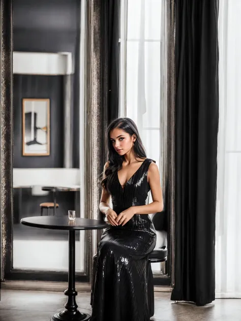 seculareveningdress, 1girl, solo, black dress, sitting, cafe, restaurant, table, indoors,  bare shoulders, sleeveless,  <lora:SecularEveningDress:0.9>