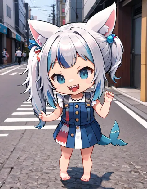 (<lora:Gawr_Gura__SDXL:0.8>gawr gura, solo, cat ears, sharp teeth, standing, shark tail, official alternate costume, shark girl, side ponytail, barefoot, hair ornament, chibi), tokyo city street, looking at viewer, grin,