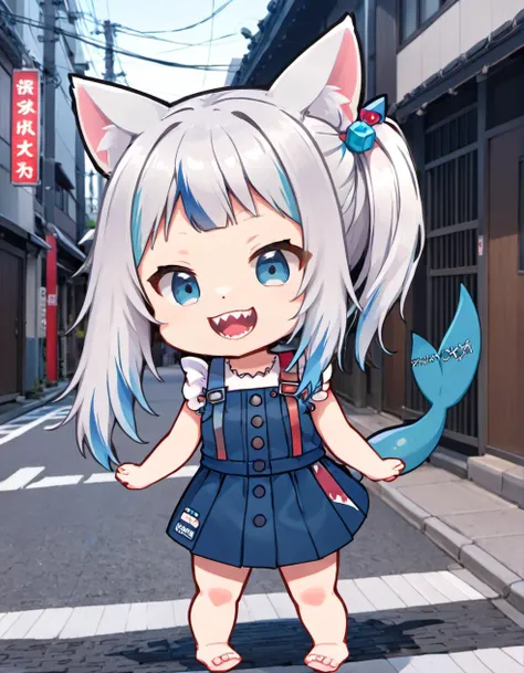 (<lora:Gawr_Gura__SDXL:0.8>gawr gura, solo,  cat ears, sharp teeth, standing, shark tail,  official alternate costume, shark girl, side ponytail, barefoot, hair ornament, chibi), tokyo city street, looking at viewer, grin,