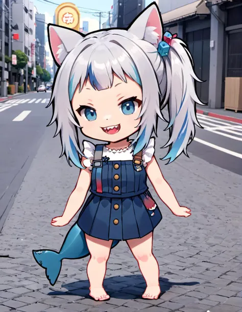 (<lora:Gawr_Gura__SDXL:0.8>gawr gura, solo, cat ears, sharp teeth, standing, shark tail, official alternate costume, shark girl, side ponytail, barefoot, hair ornament, chibi), tokyo city street, looking at viewer, grin,