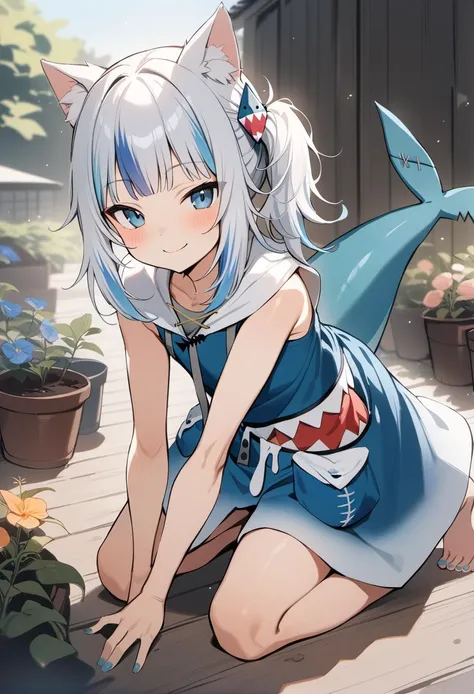 masterpiece, best quality, rating: general,   <lora:Gawr_GuraSDXL:1> gawr gura, gawr gura, solo, smile, cat ears, kneeling, shark tail, looking at viewer, official alternate costume, shark girl, side ponytail, barefoot, nail polish, hair ornament, gardening,
