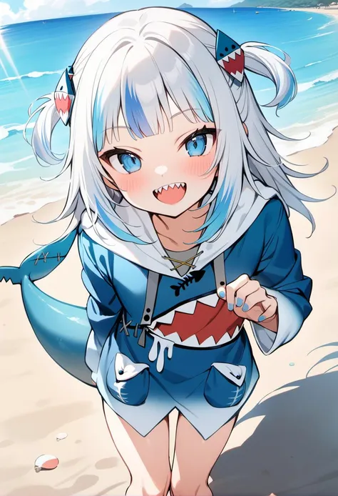 masterpiece, best quality, rating: general,   <lora:Gawr_GuraSDXL:1> gawr gura, gawr gura, teeth, solo, shark tail, sharp teeth, shark girl, hood, looking at viewer, hoodie, smile, blush, open mouth, hair ornament, blue nails, beach, day, sunny