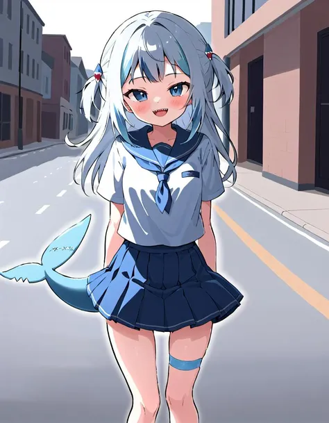 <lora:Gawr_Gura__SDXL:1> gawr gura, teeth, solo, tail, sharp teeth, shark tail, shark girl, looking at viewer, smile, blush, open mouth, walking on a city street during the day, skirt, school uniform, hair ornament, blue skirt, blush, shark girl, bandaid, long hair, pleated skirt, shirt