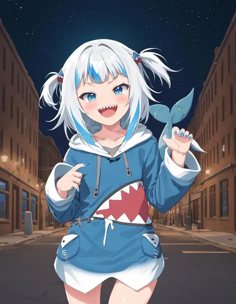 <lora:Gawr_Gura__SDXL:1> gawr gura, teeth, solo, tail, sharp teeth, shark tail, shark girl, hood, looking at viewer, hoodie, smile, blush, open mouth, hair ornament, walking on a city street at night, blue nails,