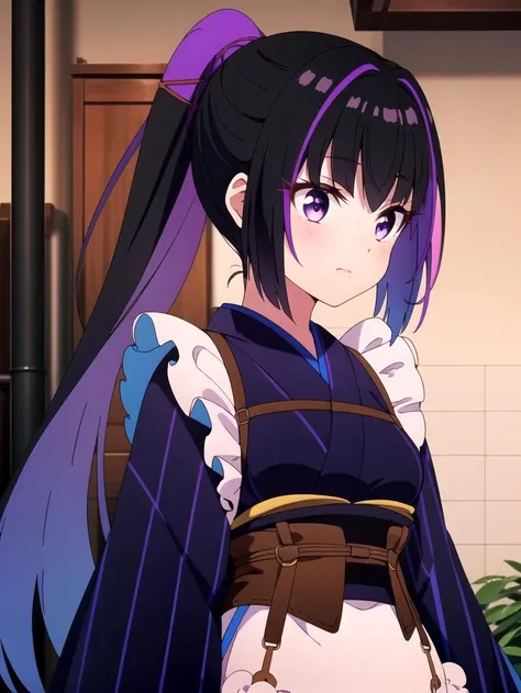 (Multicolor hair:0.9), Purple skirt, Apron, black hair, ponytail, masterpiece, best quality, Solo, <lyco:karasuba:0.8>, Japanese clothes