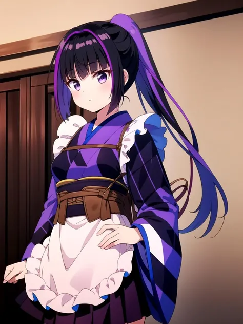 (Multicolor hair:0.9), Purple skirt, Apron, black hair, ponytail, masterpiece, best quality, Solo, <lyco:karasuba:0.8>, Japanese clothes