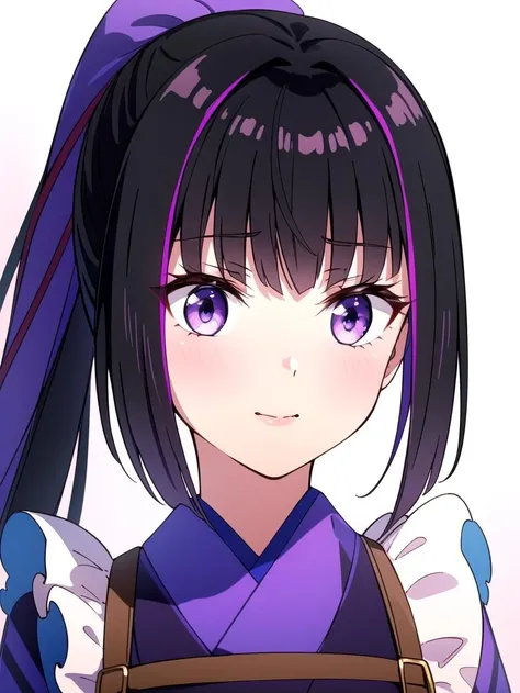 (Face Portrait:1.3), (Multicolor hair:0.9), Purple skirt, Apron, black hair, ponytail, masterpiece, best quality, Solo, <lyco:karasuba:0.8>, Japanese clothes