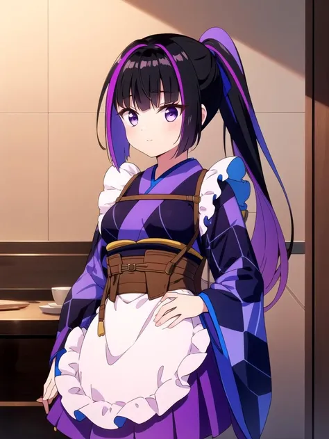 Purple skirt, Multicolor hair, Apron, black hair, ponytail, masterpiece, best quality, Solo, <lyco:karasuba:0.8>, Japanese clothes