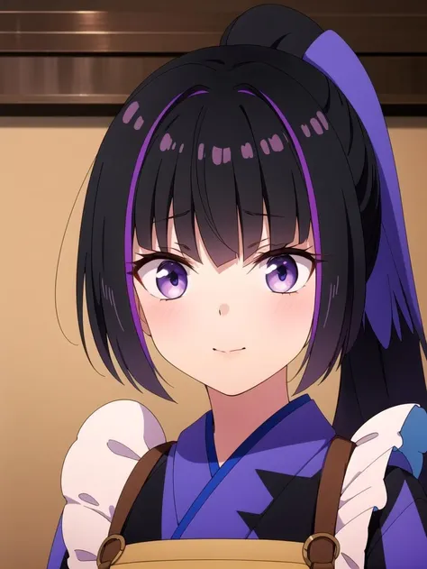 (Face Portrait:1.3), (Multicolor hair:0.9), Purple skirt, Apron, black hair, ponytail, masterpiece, best quality, Solo, <lyco:karasuba:0.8>, Japanese clothes