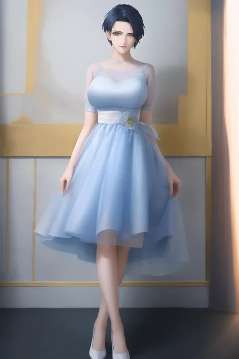 masterpiece, best quality, 
1girl, very short hair, navy blue hair, yellow eyes, mature female, large breasts, tomboy, full body,
<lora:Tomboy-3000-12repeats:0.7>, <lora:tareme_eyes:1.1>, wearing white dress,
<lora:copax_dress_v1:0.8>