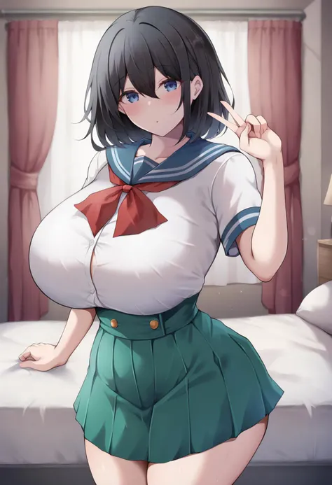 masterpiece, best quality, ultra-detailed, Potrait of beautiful , (chubby) (muscular), (plump), (sexly), (cleavage), (Breasts), (Plump), ((very short hair)), ((Uzaki Hana)), (overweight), (Gray Hair), ((Saggy breasts)), (blue eyes), (Short Hair), (blue eyes), ((thick)), ((school uniform)), (fullbody), (naughty smile), (Canine teeth visible)