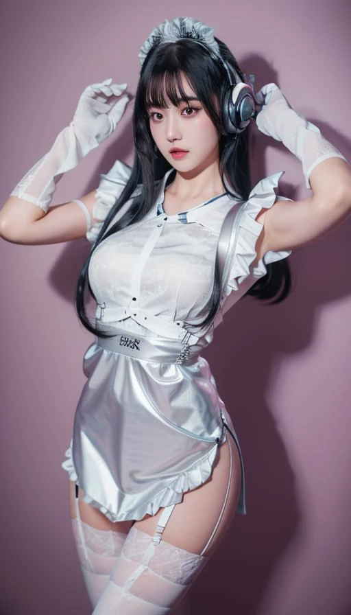 looking_at_viewers,hairs between eyes,(((sexually suggestive,girl's orgasm,black hair))),vivid, liquid crystal fluid radiant cinematic lighting, medium breasts,(high resolution:1.4),full body (8k, RAW photo, best quality, masterpiece:1.2), (realistic, photo-realistic:1.37),(sharp focus:1.2), professional lighting, photon mapping, radiosity, physically-based rendering, (pale skin:1.2),nsfw, portrait,blunt bangs, solo,(slim:1.4),(best quality:1.4),(shiny skin),makeup,(shy:1.3),<lora:tianfeng_filmgirls5:0.3>,(pureerosface_v1:0.5),see-through,snagging breast, <lora:0235 Cybermaid Violane_v1:0.7>,china dress,headphones,garter straps,white sheer apron,white gloves,white thighhighs,side slit,butterfly hair,maid headdress