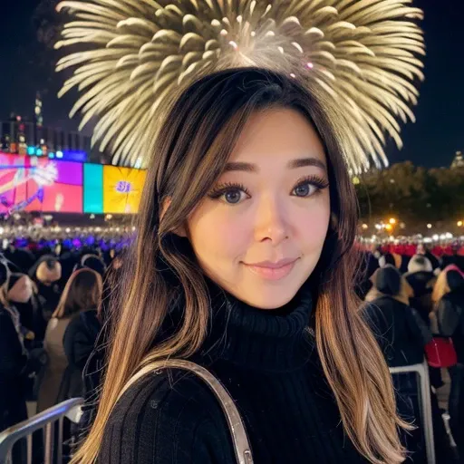 <lora:extraemily_sd15_512_128_64_v1:1>extraemily,1girl,looking at viewer, new years eve party fireworks in background, wearing a turtleneck sweater