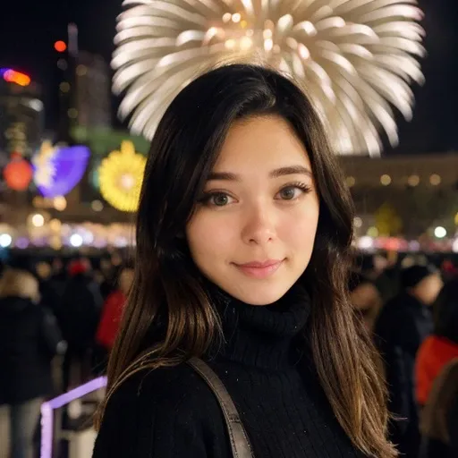 <lora:extraemily_sd15_512_128_64_v1:1>extraemily,1girl,looking at viewer, new years eve party fireworks in background, wearing a turtleneck sweater