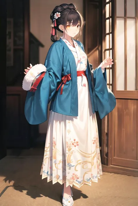 Bokeh,standing,ultra detailed,official art,4k 8k wallpaper,(Soft light and shadow),hand detail,eye high detail,8K,(best quality:1.5),pastel color,soft focus,masterpiece,studio,hair high detail,1girl,(Perfect female body:1.1),hanfu_ming, black short coat, yellow with white mamian skirt, round collar, overlapping collar
<lora:Takeuchi:0.8>,Takeuchi style ,<lora:hanfu-vs40-beta2-000004:0.7:CLOTHING>