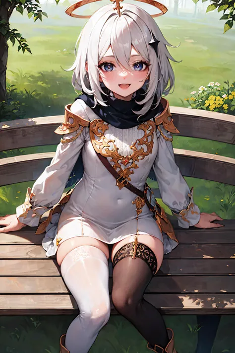 beautiful, (masterpiece), best quality, (extremely detailed face), extremely detailed eyes, perfect lighting, OverallDetail, detailed, deep skin,textured skin,
, <lora:paimon:0.8> ,paimon gi, single thighhigh, open mouth, white dress, scarf, thighhighs, halo, long sleeves, boots, hair between eyes ,
smile, sitting on bench, outdoors, greenery ,being cute