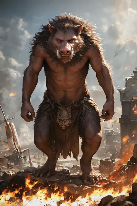 score_9, score_8_up, source_anime, rating_safe, Fantasy, Wereboar, fur, tusks, animal ears, teeth, <lora:RPGWereboarXL:1>, 1boy, Red eyes, Loin cloth, bare foot, Prayer, centered, portrait, Battlefield, fire, rubble, distant ship, photorealistic, impressionist painting, Morning, up close, detailed face, face focus, full body, solo, looking at viewer, facing viewer,